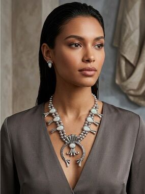 Boho Silver Tone Opal Look Necklace and Earrings Costume Jewelry Silver & White